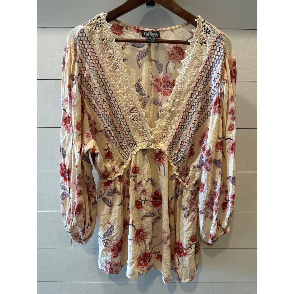 Angie Womens Floral Crochet Lace V-Neck Tunic Blouse Cream Red Plus Size 1X